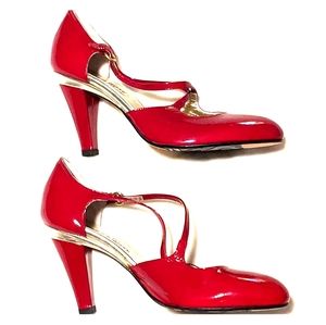 Taryn Rose never worn red patent w/gold metallic trim